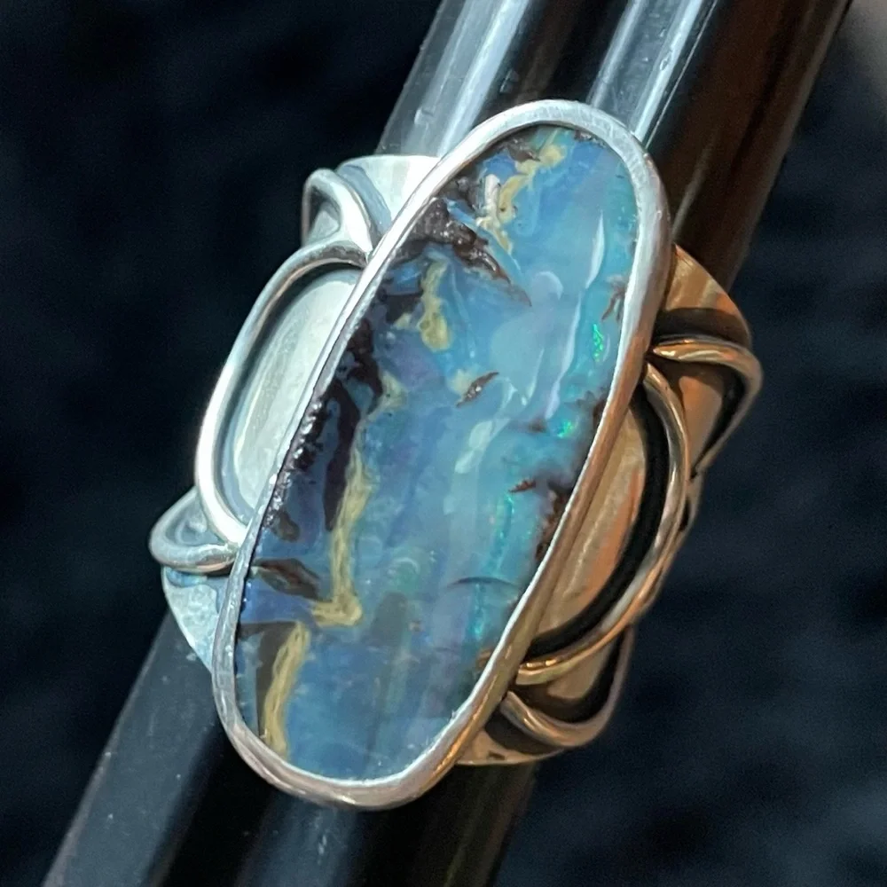 Chunky Natural Australian Opal Sterling Silver Moon Ring